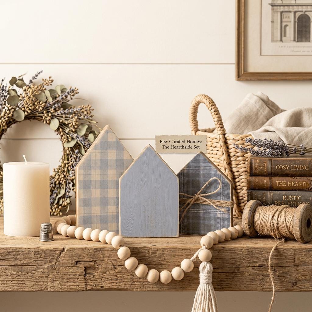 Rustic Wood House Shelf Sitters Set of 3 | Farmhouse House Decor | Blue Cottage Shelf Decor | Tiered Tray Decor | Housewarming Gift - TheGrumpyRooster