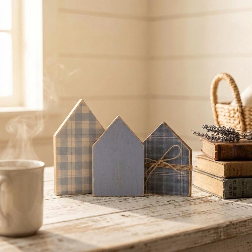 Rustic Wood House Shelf Sitters Set of 3 | Farmhouse House Decor | Blue Cottage Shelf Decor | Tiered Tray Decor | Housewarming Gift - TheGrumpyRooster