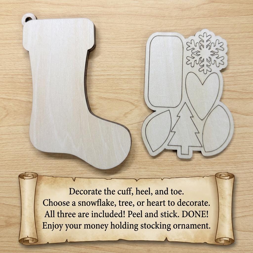 DIY Wooden Stocking Money Holder Ornament Kit | Self-stick | No Glue needed | Partially assembled | Beginner | Class Paint Your Own Ornament - TheGrumpyRooster