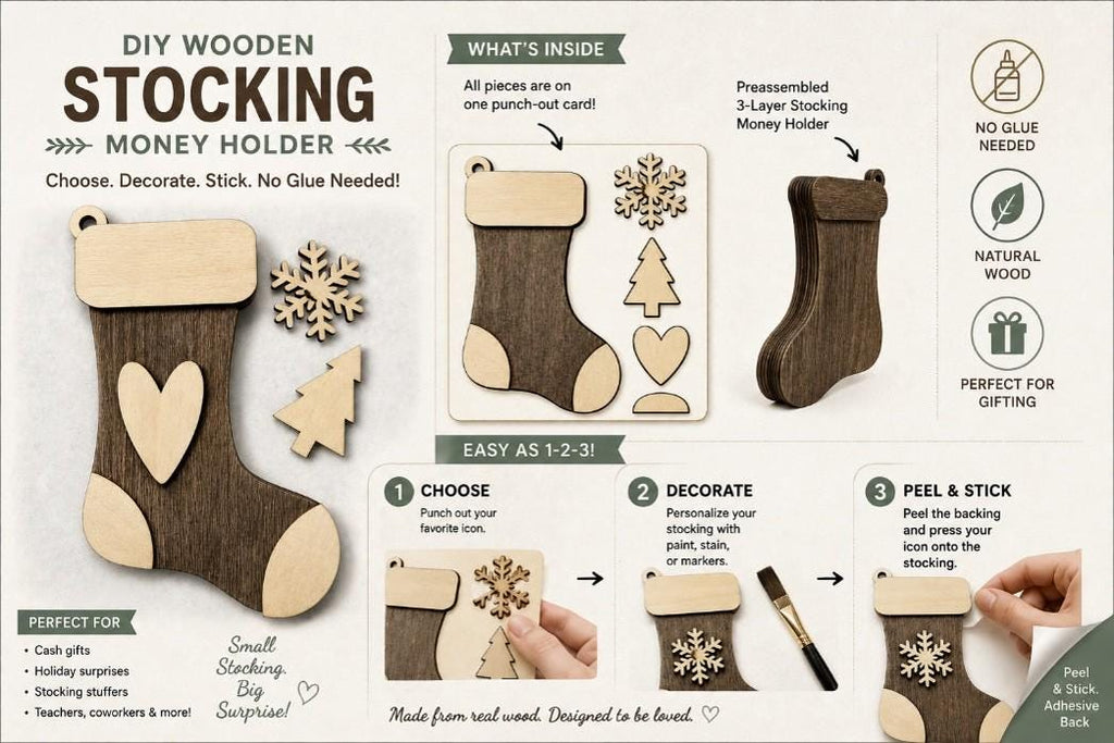 DIY Wooden Stocking Money Holder Ornament Kit | Self-stick | No Glue needed | Partially assembled | Beginner | Class Paint Your Own Ornament - TheGrumpyRooster