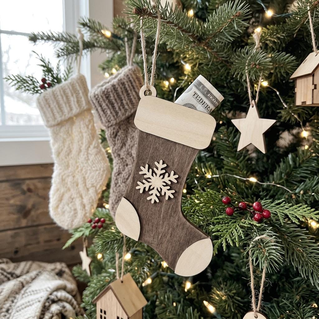 DIY Wooden Stocking Money Holder Ornament Kit | Self-stick | No Glue needed | Partially assembled | Beginner | Class Paint Your Own Ornament - TheGrumpyRooster