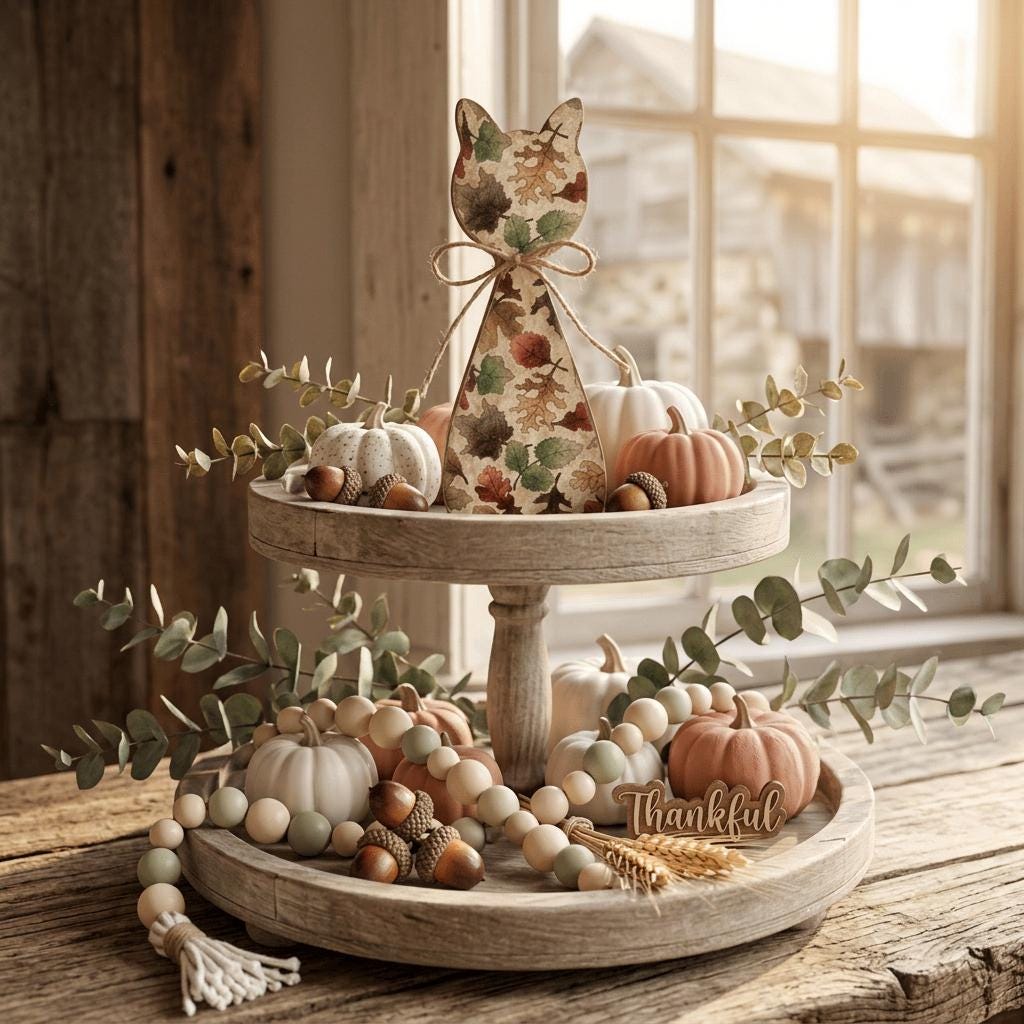 Fall Wooden Cat Shelf Sitter | Rustic Farmhouse Cat Decor | Autumn Tiered Tray Decor | Cat Lover Gift - TheGrumpyRooster