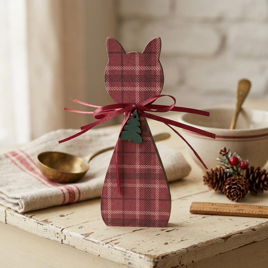 Christmas Plaid Cat Shelf Sitter | Rustic Farmhouse Christmas Decor | Wooden Holiday Shelf Decor | Cat Lover Gift - TheGrumpyRooster