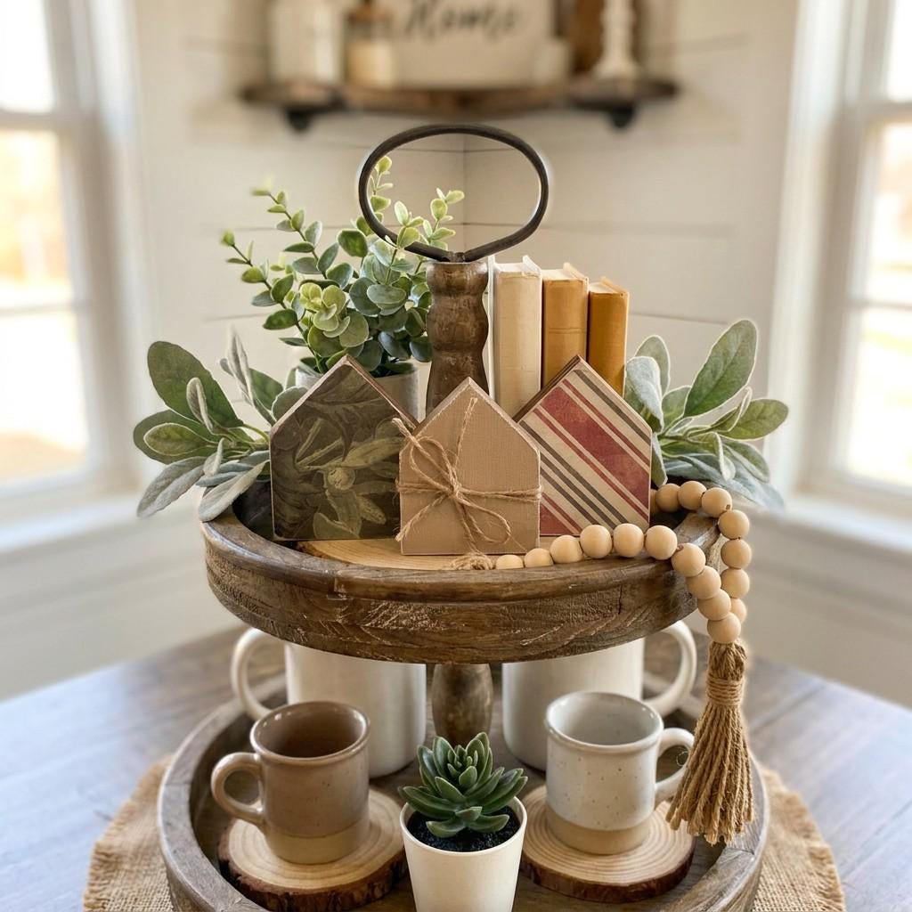 Framed House Shelf Sitter Set of 3 | Rustic Farmhouse Tiered Tray Decor