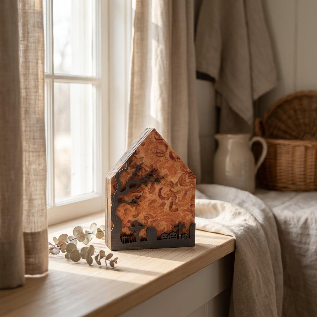Halloween Cemetery House Shelf Sitter | Rustic Farmhouse Fall Decor | Tiered Tray Decor