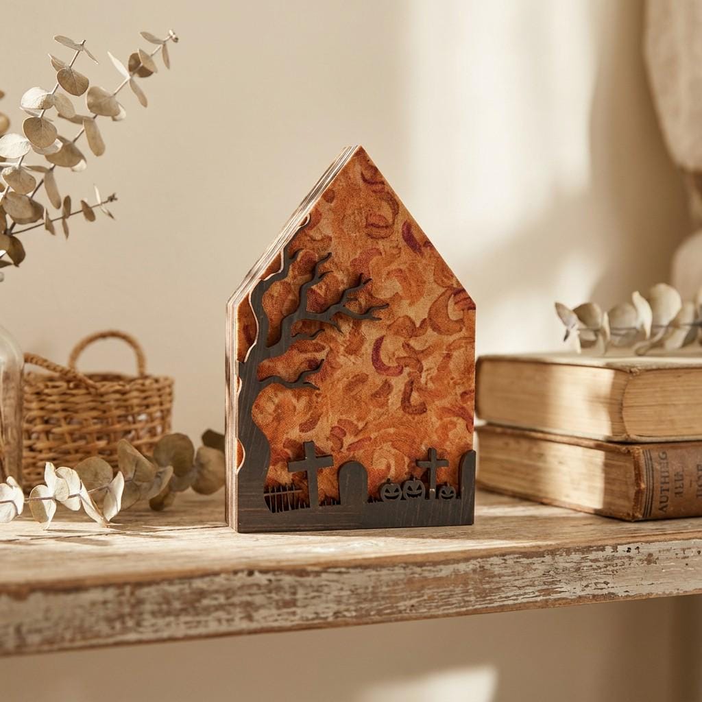 Halloween Cemetery House Shelf Sitter | Rustic Farmhouse Fall Decor | Tiered Tray Decor