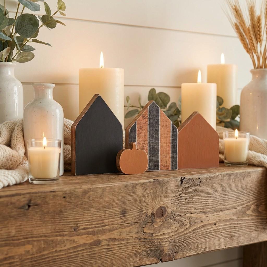 Fall House and Pumpkin Shelf Sitters | Rustic Farmhouse Tiered Tray Decor | Halloween Shelf Decor