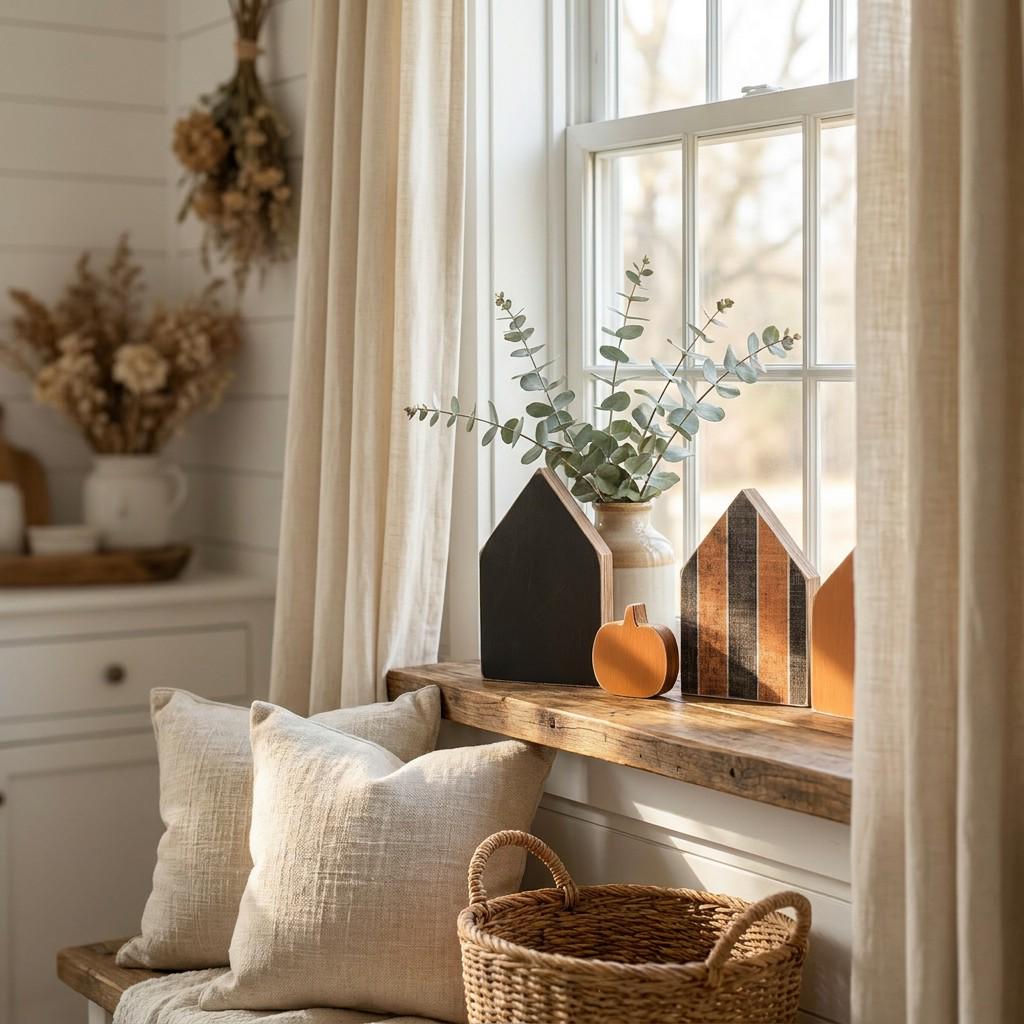 Fall House and Pumpkin Shelf Sitters | Rustic Farmhouse Tiered Tray Decor | Halloween Shelf Decor