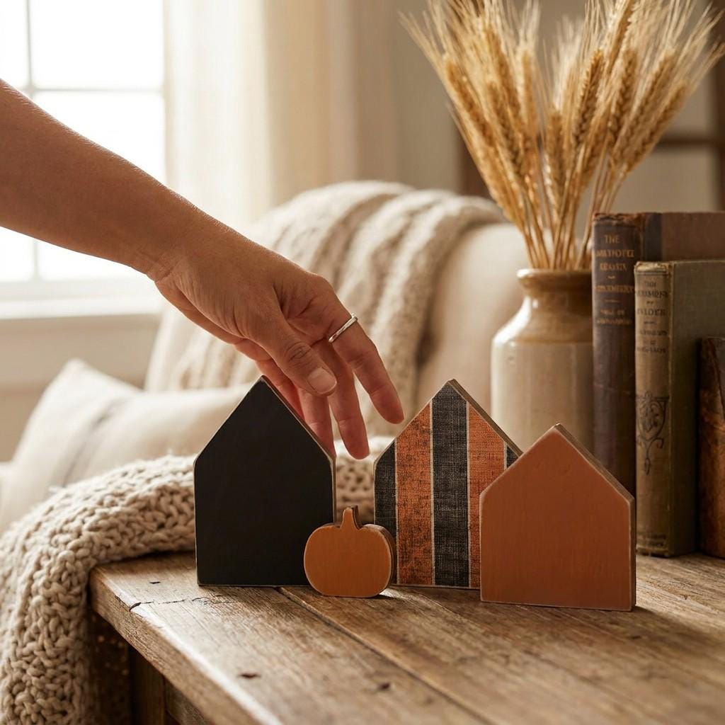 Fall House and Pumpkin Shelf Sitters | Rustic Farmhouse Tiered Tray Decor | Halloween Shelf Decor