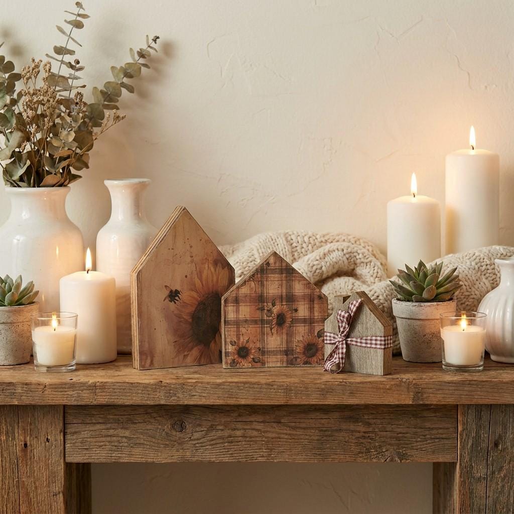 Sunflower Wood House Shelf Sitters - Set of 3 | Rustic Farmhouse Tiered Tray Decor | Summer Decor | Fall Decor