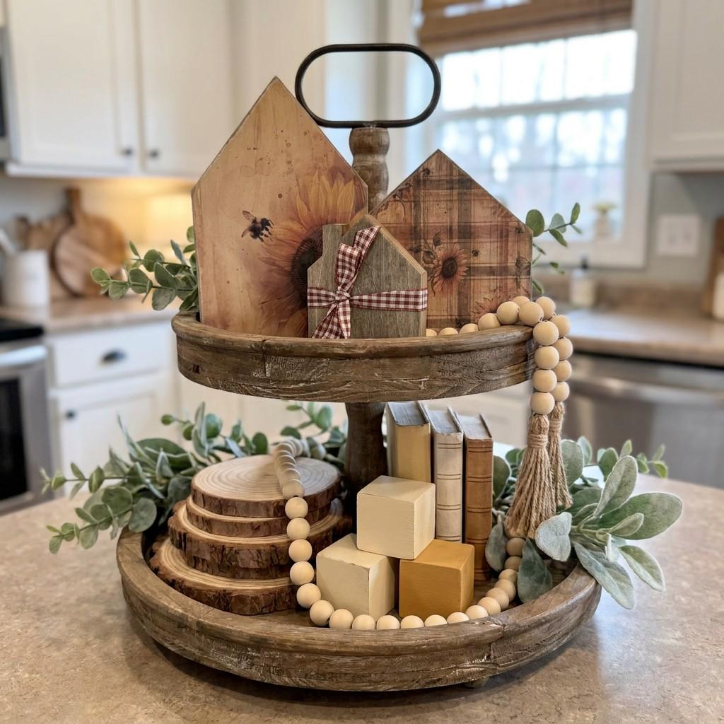 Sunflower Wood House Shelf Sitters - Set of 3 | Rustic Farmhouse Tiered Tray Decor | Summer Decor | Fall Decor