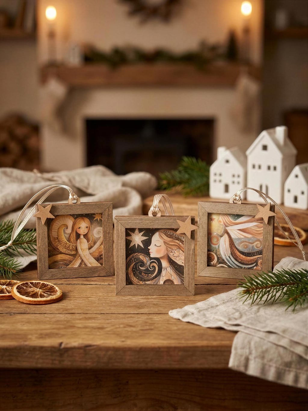 three wooden ornaments with star-shaped designs, placed on a wooden table. The ornaments are surrounded by pine branches and dried orange slices, creating a festive and cozy atmosphere.