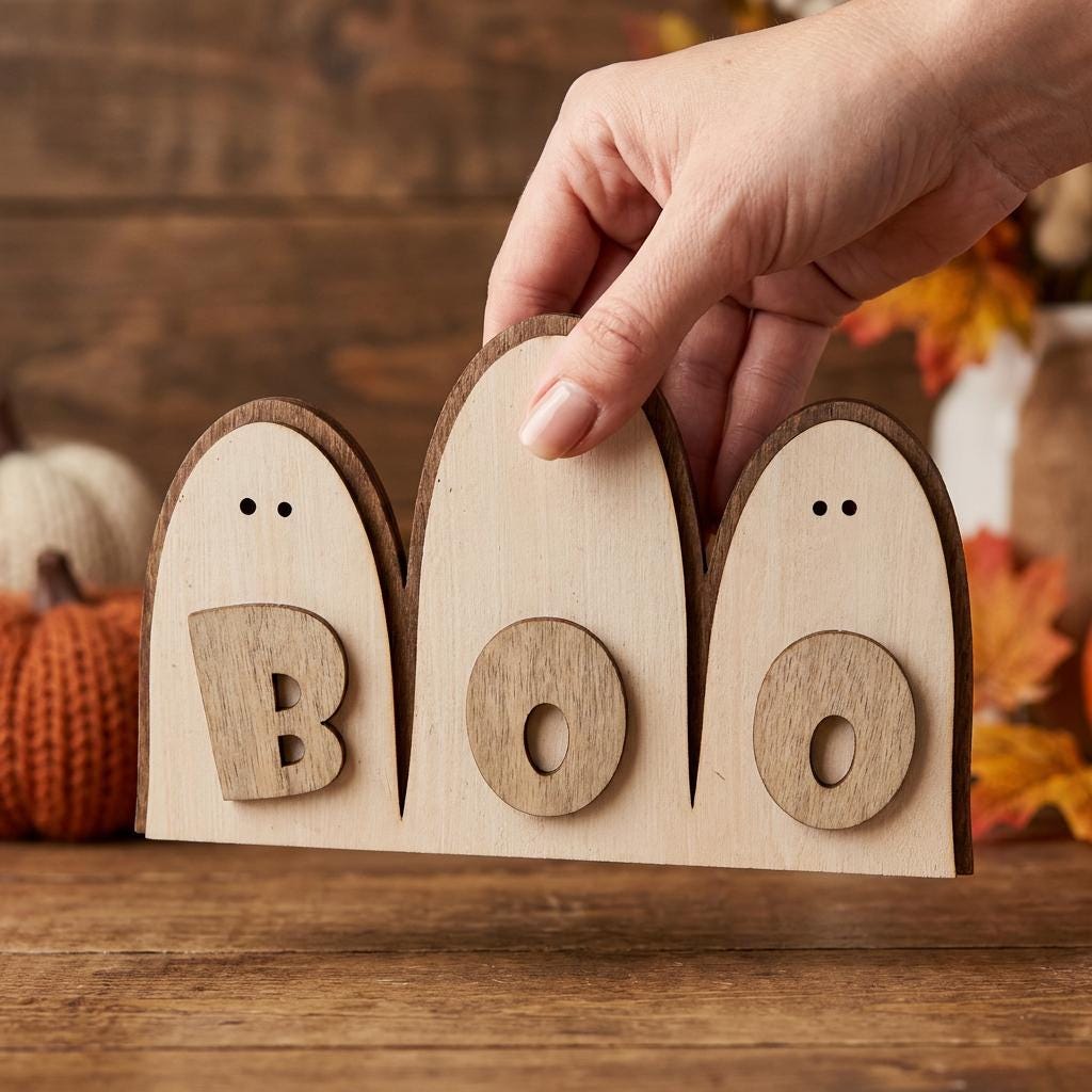 Wood Ghost Boo Shelf Sitter | Farmhouse Halloween Decor | Rustic Tiered Tray Decor | Spooky Season Handmade Gift - TheGrumpyRooster