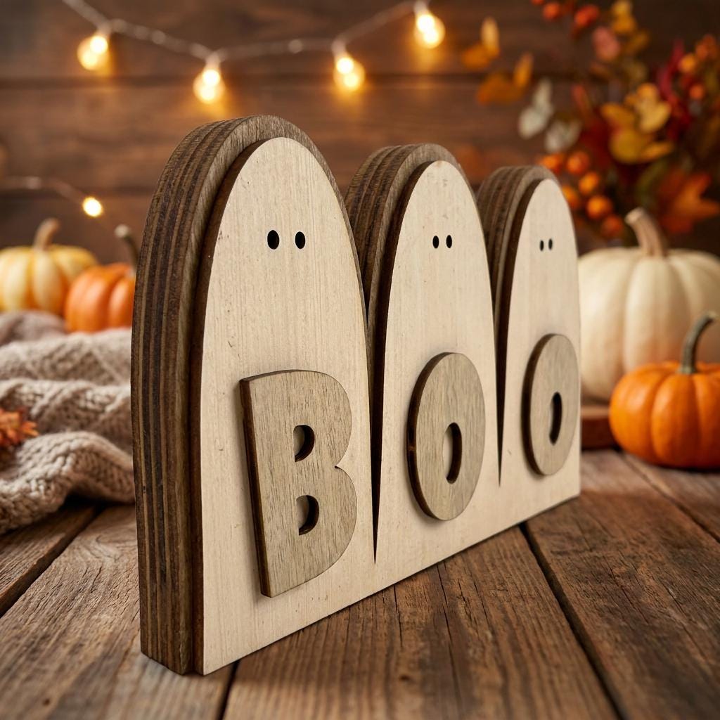 Wood Ghost Boo Shelf Sitter | Farmhouse Halloween Decor | Rustic Tiered Tray Decor | Spooky Season Handmade Gift - TheGrumpyRooster