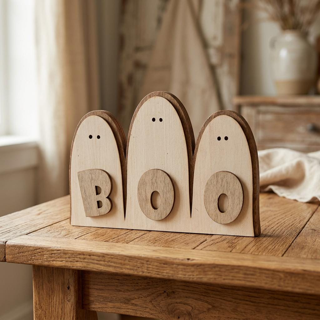 Wood Ghost Boo Shelf Sitter | Farmhouse Halloween Decor | Rustic Tiered Tray Decor | Spooky Season Handmade Gift - TheGrumpyRooster