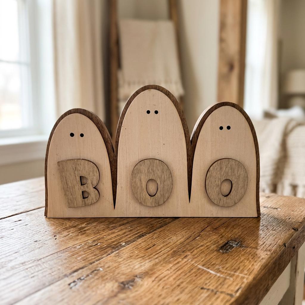 Wood Ghost Boo Shelf Sitter | Farmhouse Halloween Decor | Rustic Tiered Tray Decor | Spooky Season Handmade Gift - TheGrumpyRooster