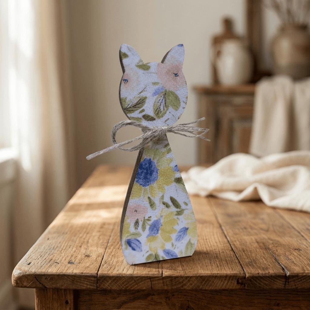 Floral Cat Wood Shelf Sitter | Rustic Farmhouse Spring Decor | Freestanding Cat Decor | Gift for Cat Lover - TheGrumpyRooster
