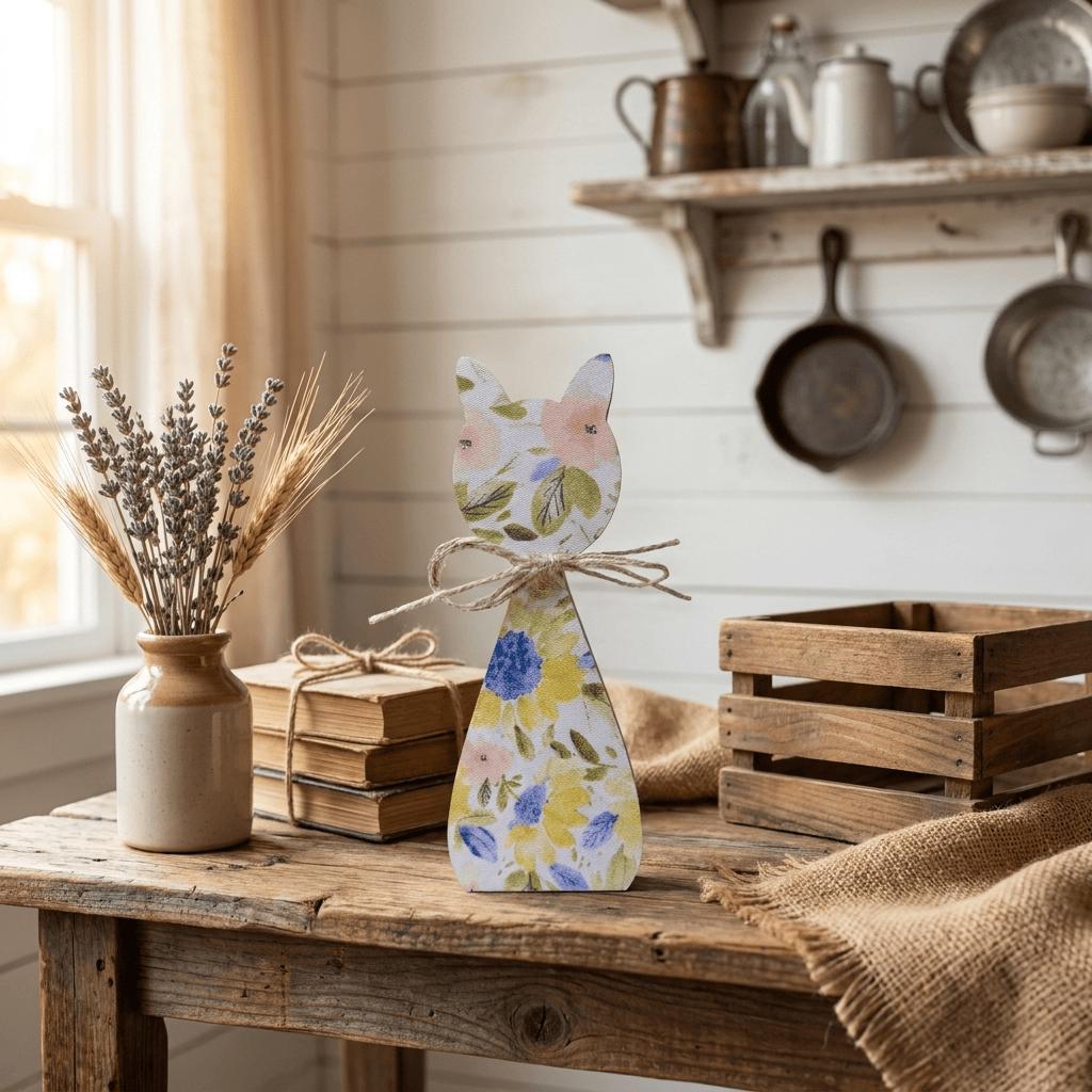 Floral Cat Wood Shelf Sitter | Rustic Farmhouse Spring Decor | Freestanding Cat Decor | Gift for Cat Lover - TheGrumpyRooster