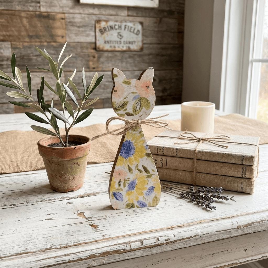Floral Cat Wood Shelf Sitter | Rustic Farmhouse Spring Decor | Freestanding Cat Decor | Gift for Cat Lover - TheGrumpyRooster