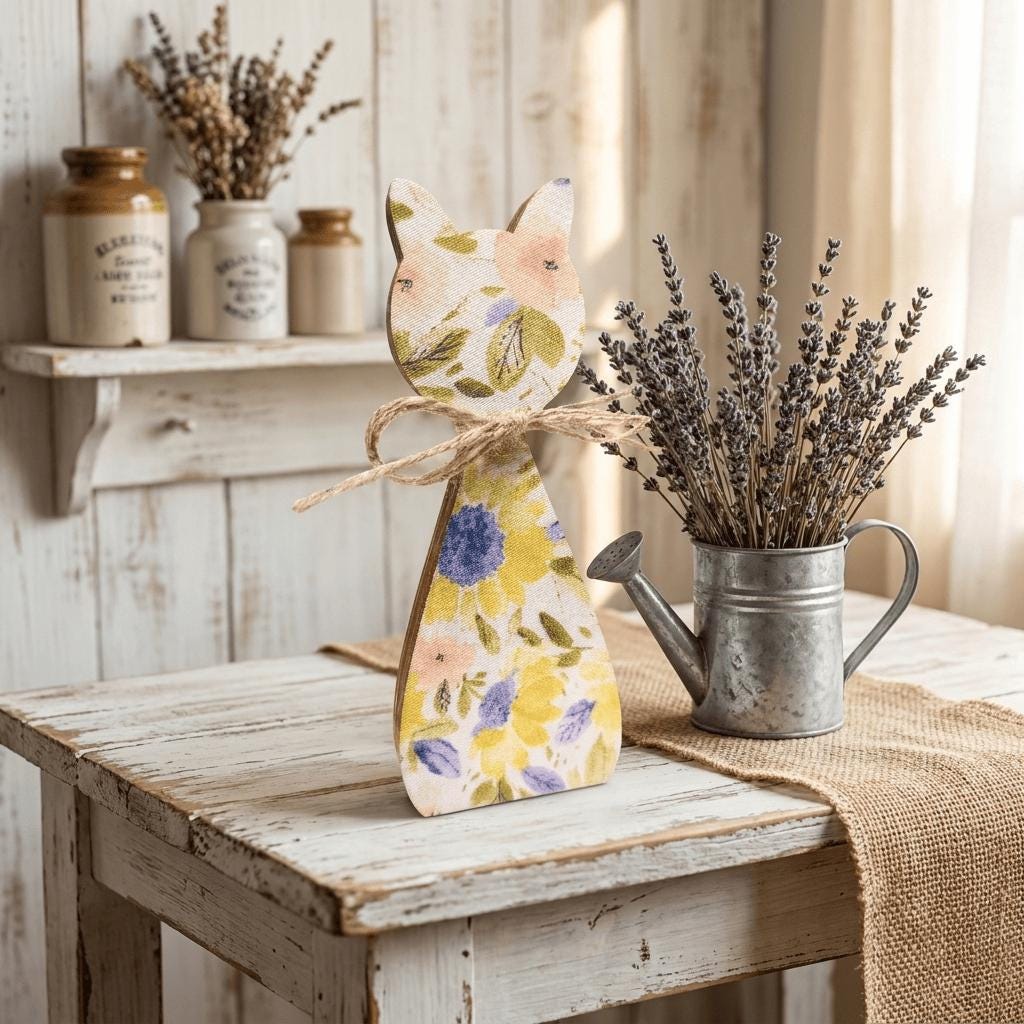 Floral Cat Wood Shelf Sitter | Rustic Farmhouse Spring Decor | Freestanding Cat Decor | Gift for Cat Lover - TheGrumpyRooster