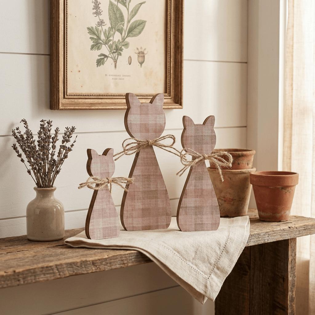 Soft Pink / Tan Plaid Cat Family Shelf Sitters | Farmhouse Cat Decor | Freestanding Wood Cat Set | Cat Lover Gift - TheGrumpyRooster