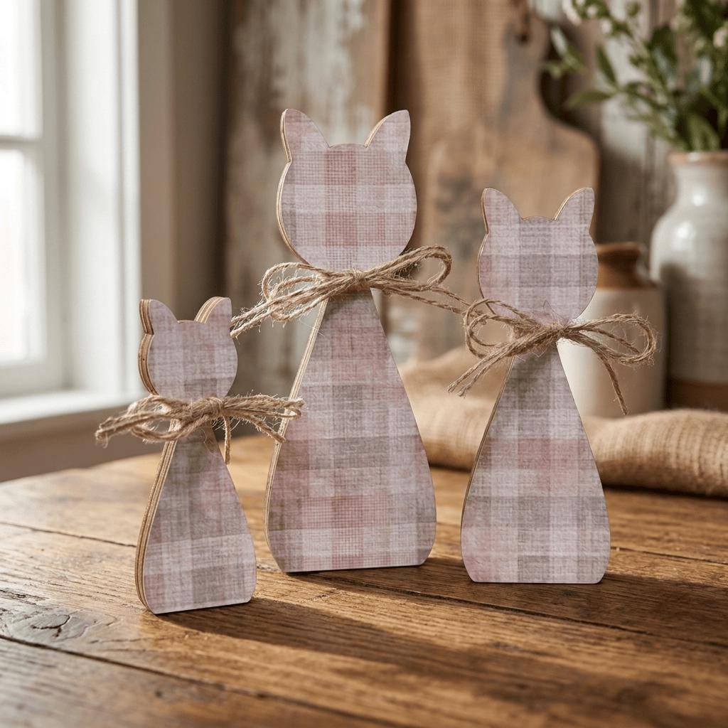 Soft Pink / Tan Plaid Cat Family Shelf Sitters | Farmhouse Cat Decor | Freestanding Wood Cat Set | Cat Lover Gift - TheGrumpyRooster