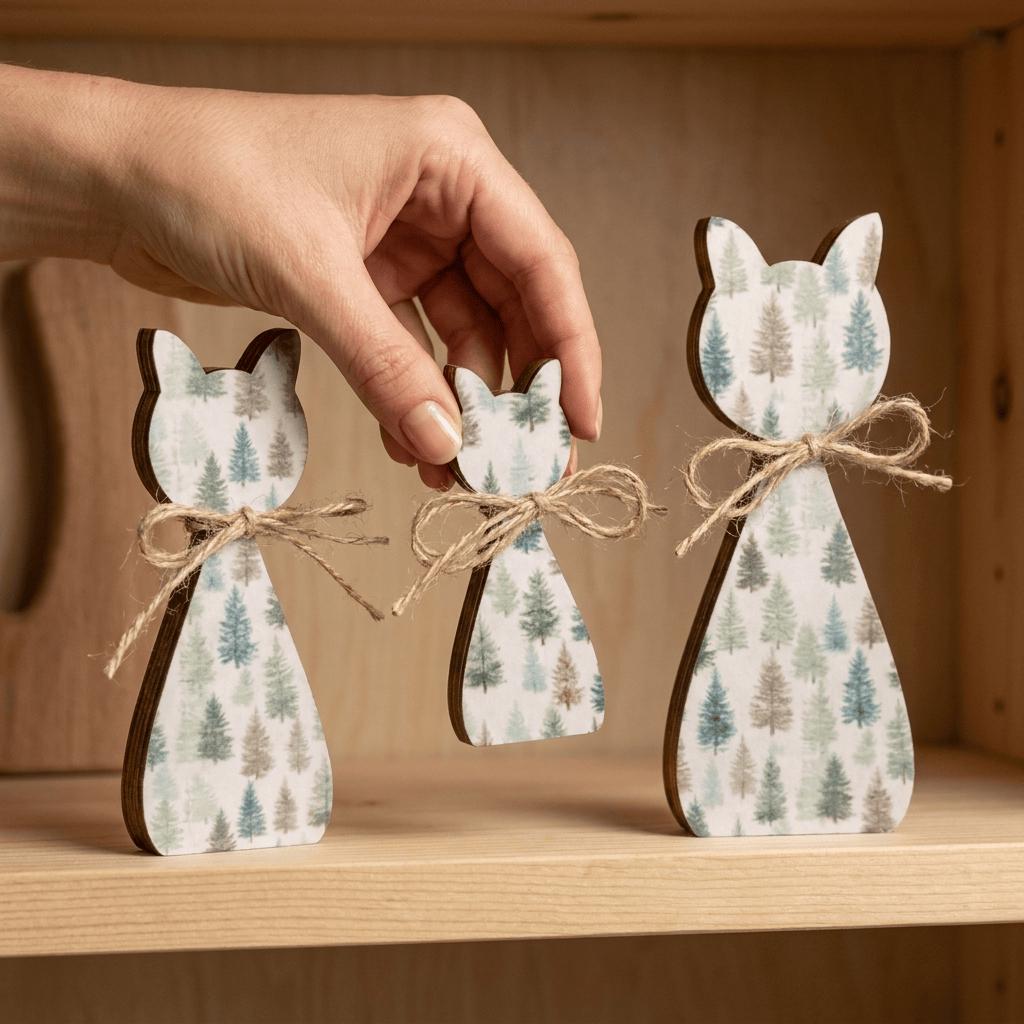 Woodland Cat Family Shelf Sitters | Rustic Farmhouse Cat Decor | Freestanding Wood Cat Set | Cat Lover Gift - TheGrumpyRooster