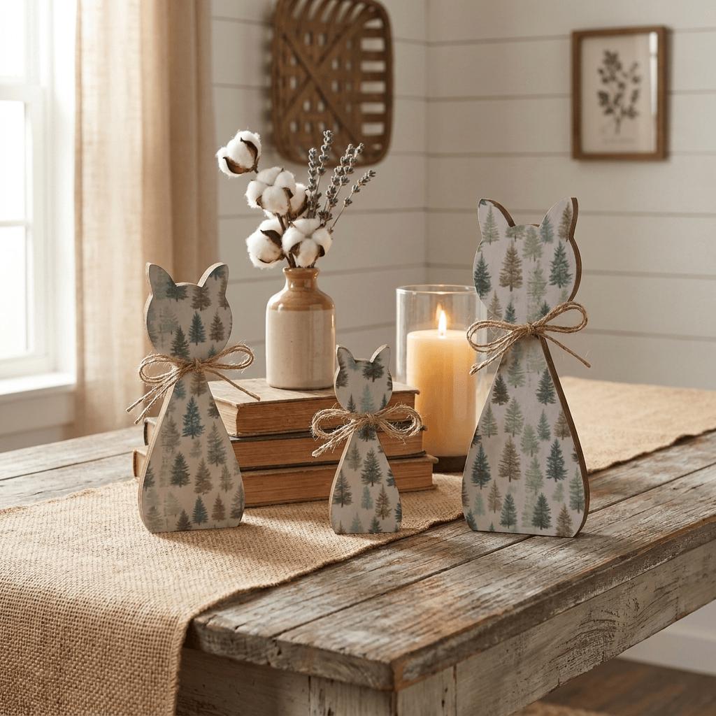 Woodland Cat Family Shelf Sitters | Rustic Farmhouse Cat Decor | Freestanding Wood Cat Set | Cat Lover Gift - TheGrumpyRooster