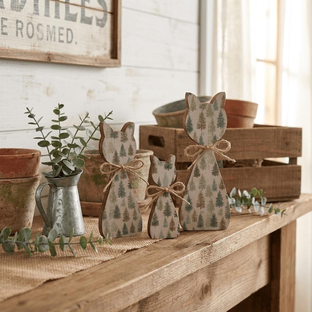 Woodland Cat Family Shelf Sitters | Rustic Farmhouse Cat Decor | Freestanding Wood Cat Set | Cat Lover Gift - TheGrumpyRooster