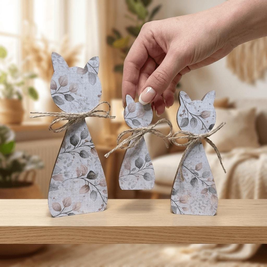 Neutral Botanical Cat Family Shelf Sitters | Rustic Farmhouse Cat Decor | Freestanding Wood Cat Set | Cat Lover Gift - TheGrumpyRooster
