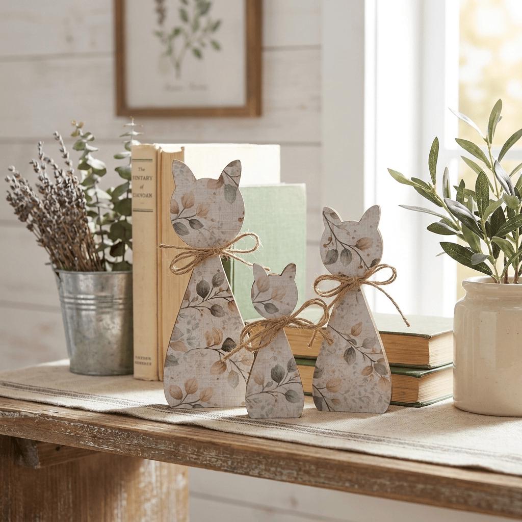 Neutral Botanical Cat Family Shelf Sitters | Rustic Farmhouse Cat Decor | Freestanding Wood Cat Set | Cat Lover Gift - TheGrumpyRooster