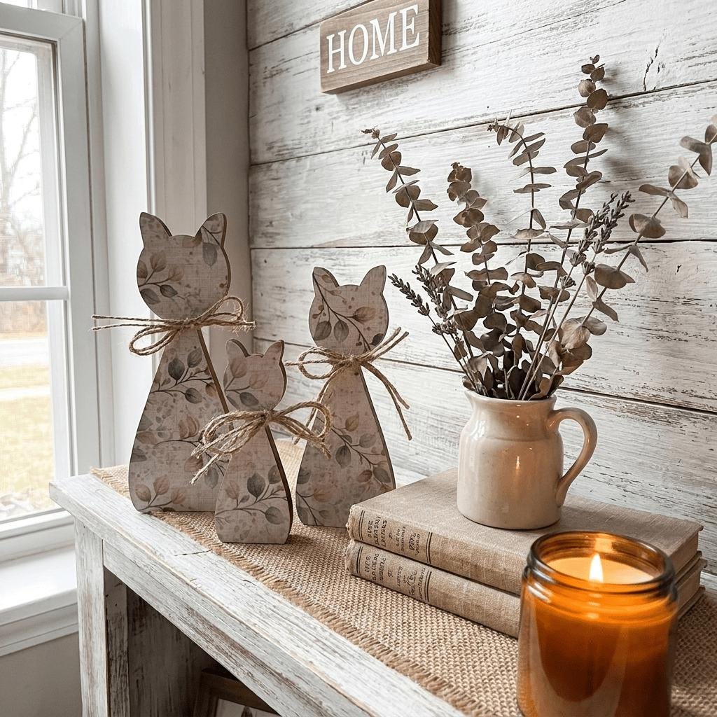 Neutral Botanical Cat Family Shelf Sitters | Rustic Farmhouse Cat Decor | Freestanding Wood Cat Set | Cat Lover Gift - TheGrumpyRooster