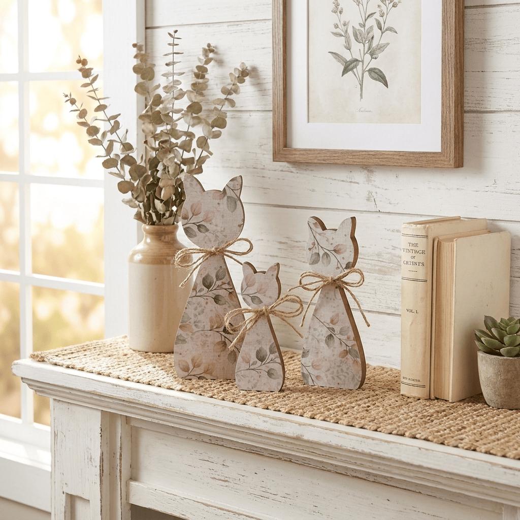 Neutral Botanical Cat Family Shelf Sitters | Rustic Farmhouse Cat Decor | Freestanding Wood Cat Set | Cat Lover Gift - TheGrumpyRooster
