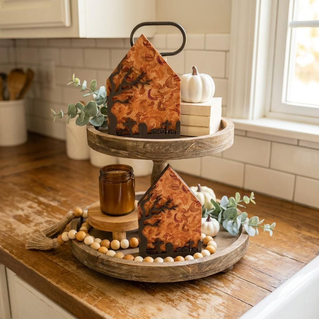 Halloween Cemetery House Shelf Sitter | Rustic Farmhouse Fall Decor | Tiered Tray Decor