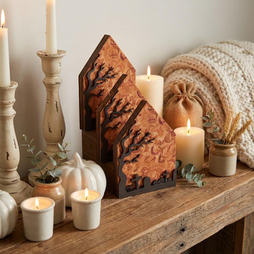 Halloween Cemetery House Shelf Sitter | Rustic Farmhouse Fall Decor | Tiered Tray Decor