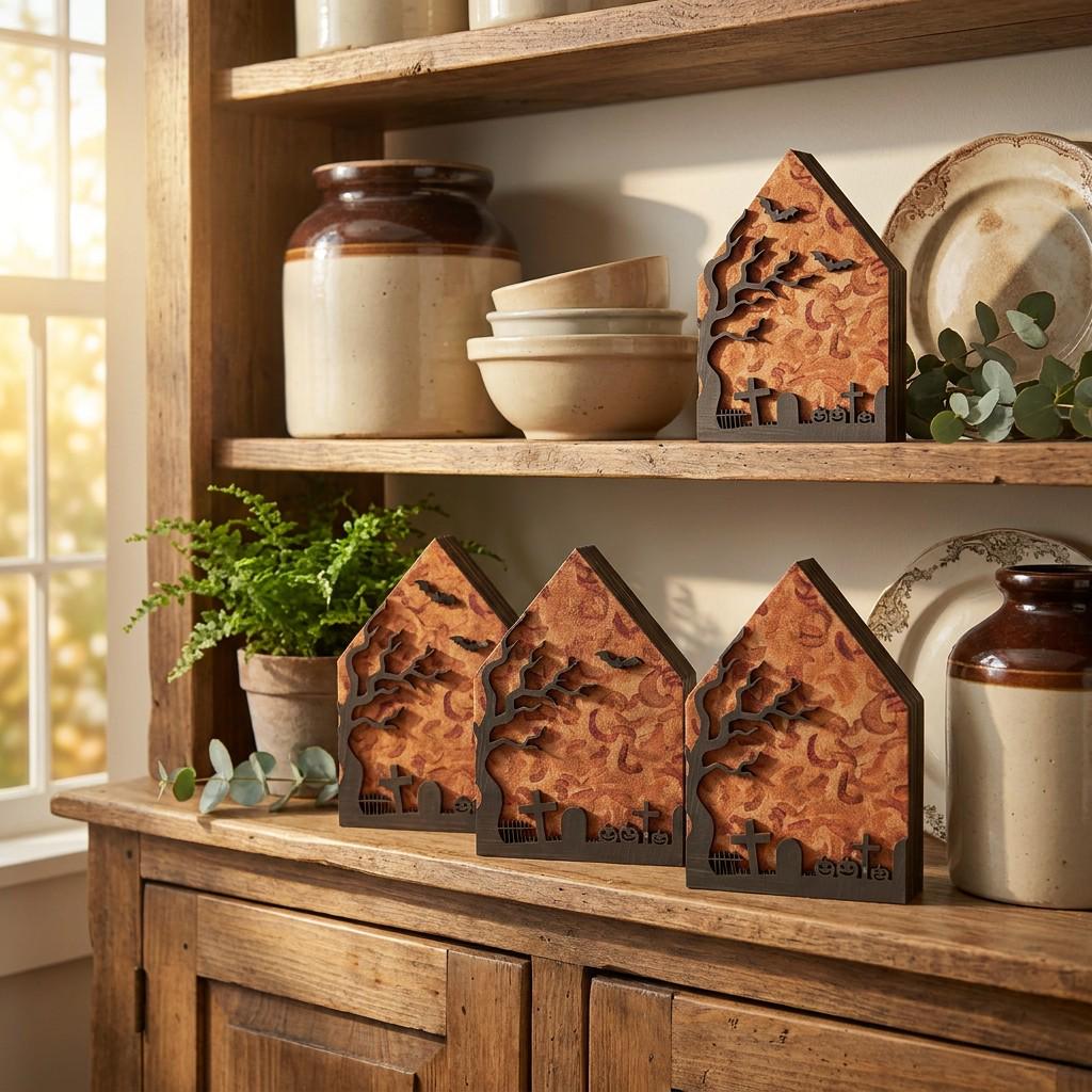 Halloween Cemetery House Shelf Sitter | Rustic Farmhouse Fall Decor | Tiered Tray Decor
