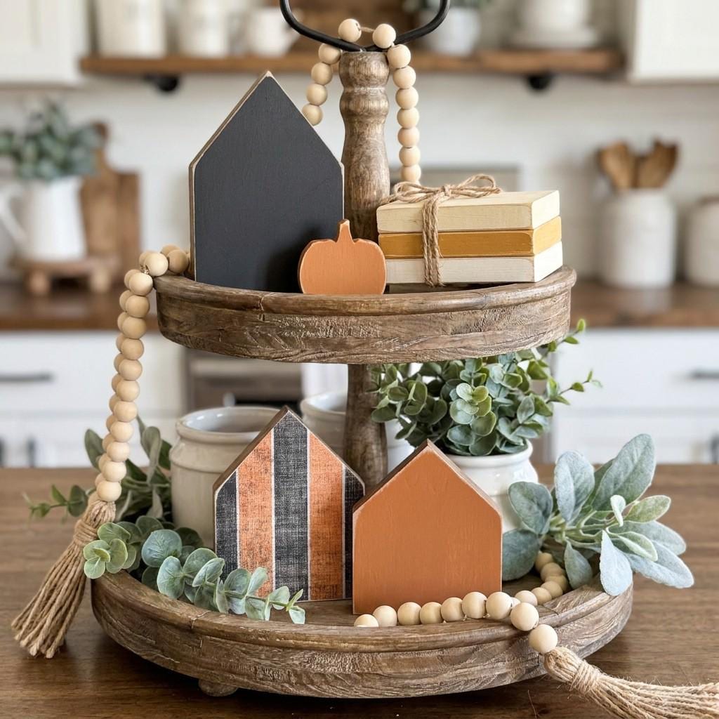 Fall House and Pumpkin Shelf Sitters | Rustic Farmhouse Tiered Tray Decor | Halloween Shelf Decor