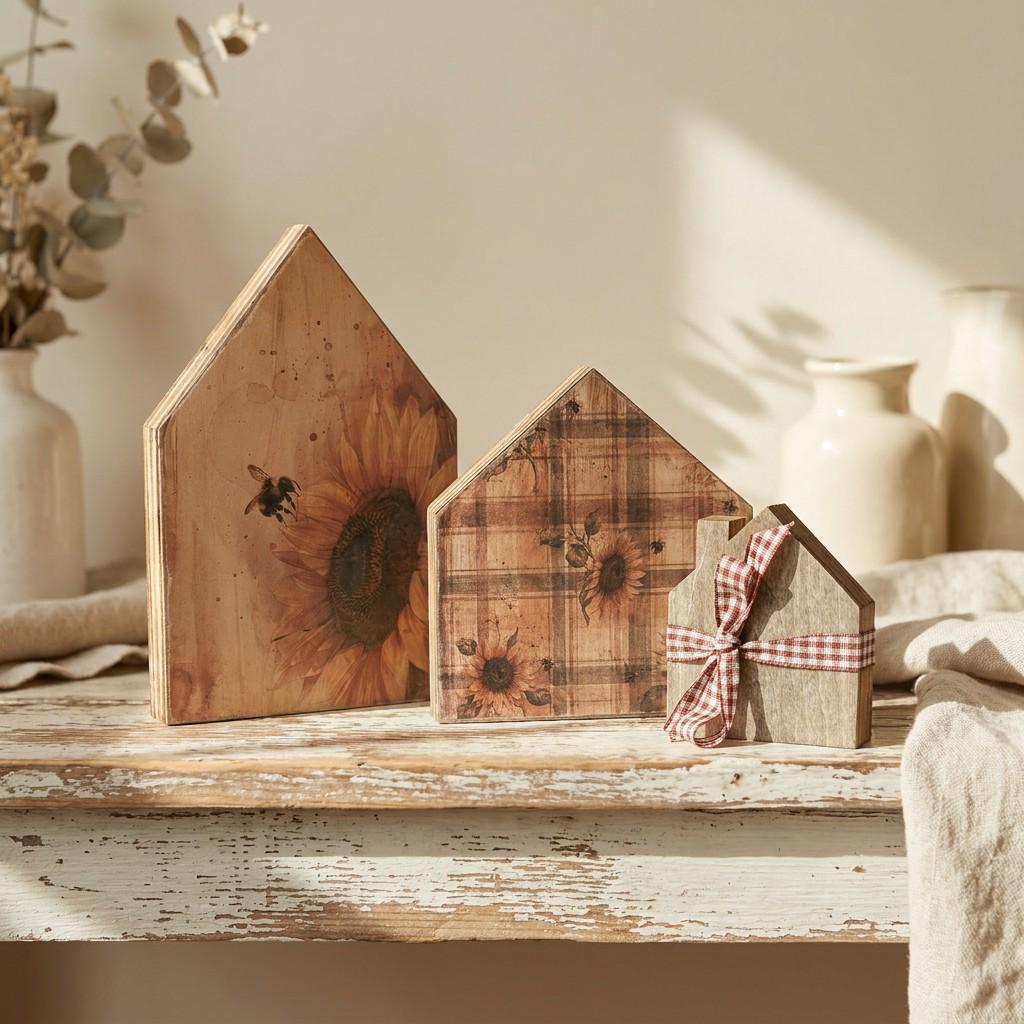Sunflower Wood House Shelf Sitters - Set of 3 | Rustic Farmhouse Tiered Tray Decor | Summer Decor | Fall Decor