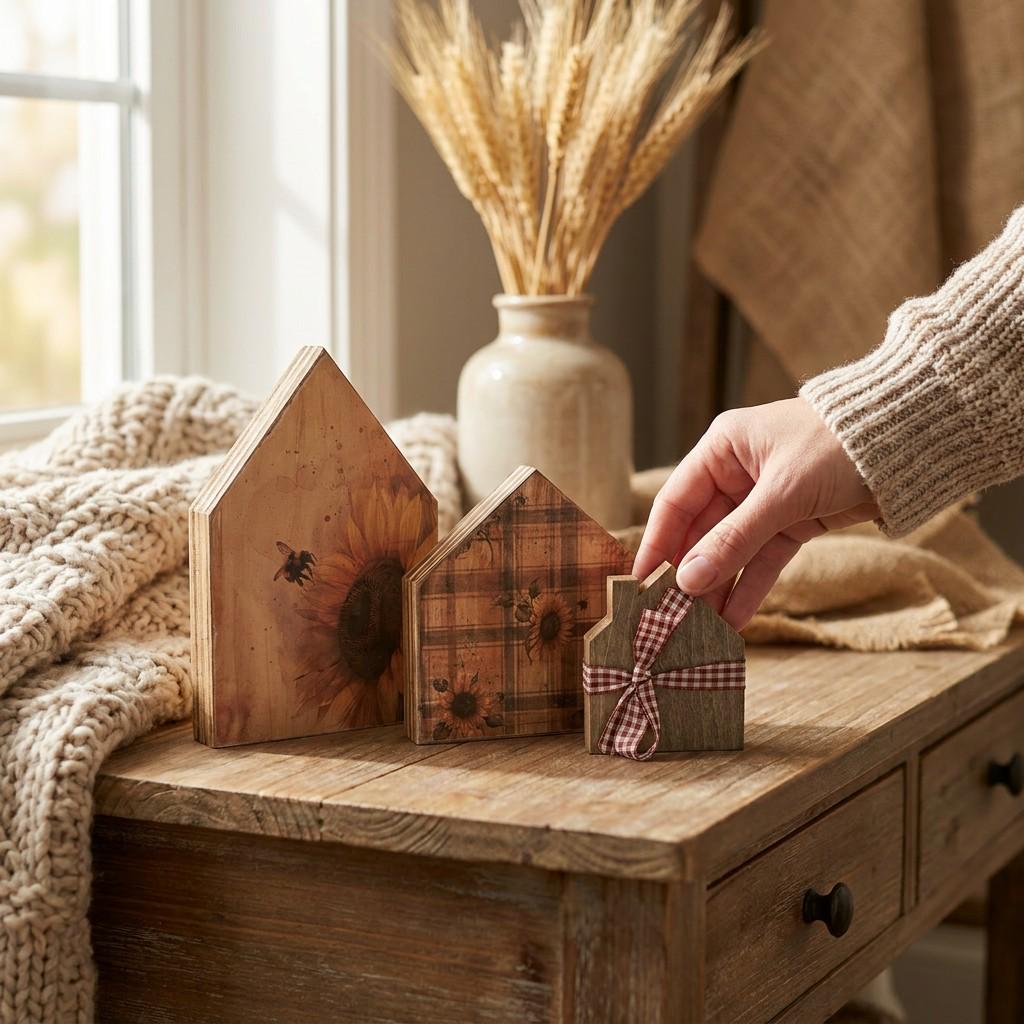 Sunflower Wood House Shelf Sitters - Set of 3 | Rustic Farmhouse Tiered Tray Decor | Summer Decor | Fall Decor