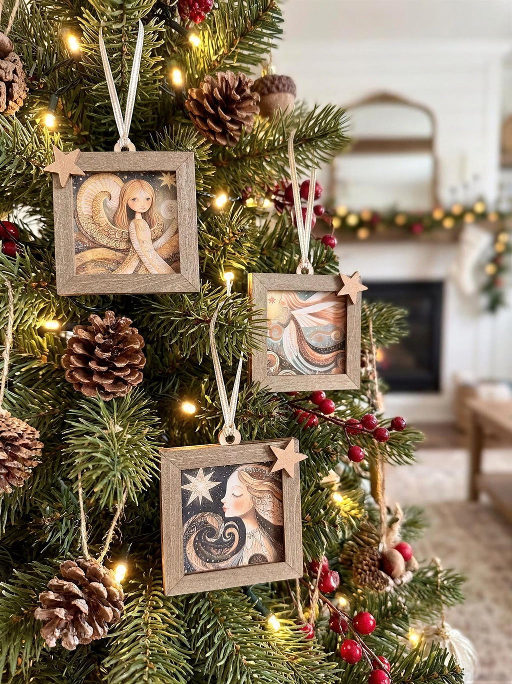 a beautifully decorated Christmas tree adorned with ornaments, pine cones, and berries. The ornaments are hanging from the tree, creating a festive and cozy atmosphere.