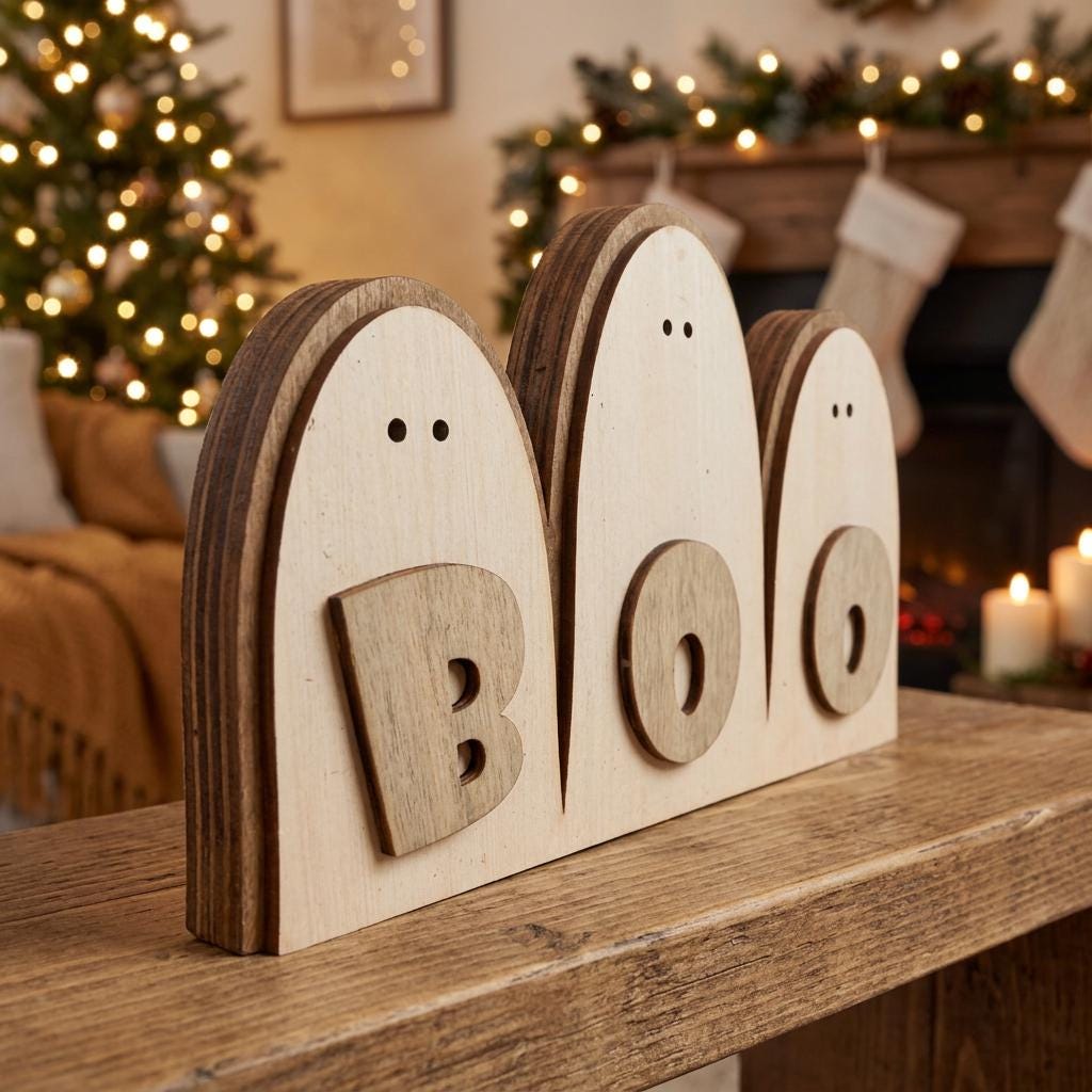 Wood Ghost Boo Shelf Sitter | Farmhouse Halloween Decor | Rustic Tiered Tray Decor | Spooky Season Handmade Gift - TheGrumpyRooster