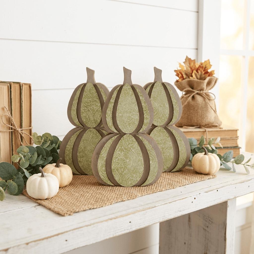 Sage Neutral Wooden Stacked Pumpkin Shelf Sitter | Farmhouse Fall Decor | Rustic Tiered Tray Pumpkin | Autumn Thanksgiving Gift - TheGrumpyRooster