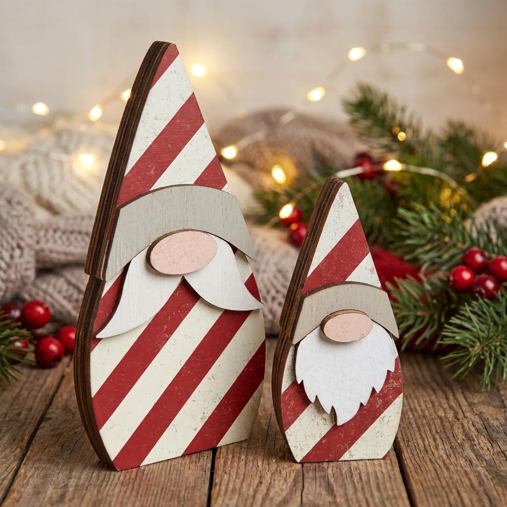Candy Cane Gnome Shelf Sitters | Rustic Christmas Decor | Farmhouse Tiered Tray Decor | Handmade Wood Gnome Set - TheGrumpyRooster