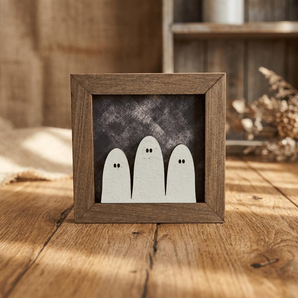 A wooden frame containing three white ghost figures against a dark background, placed on a wooden surface.