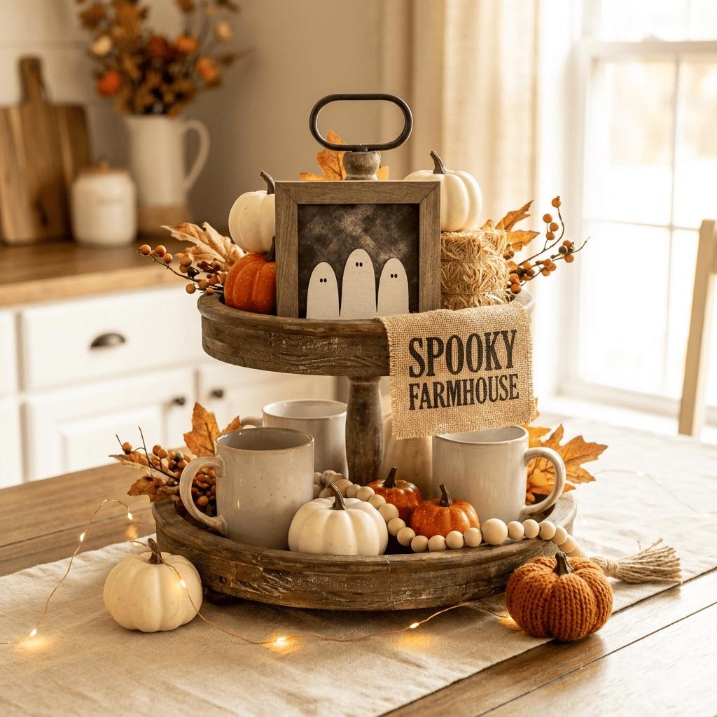 A rustic wooden tiered tray filled with autumn decorations, including pumpkins, ghost ornaments, and a "Spooky Farmhouse" banner, sits on a table with a beaded runner and string lights.