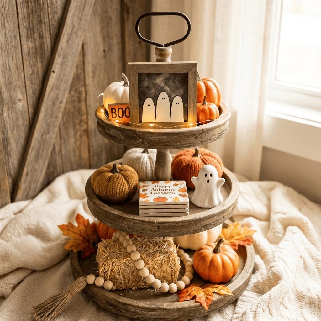 A tiered wooden tray display filled with Halloween decorations, including a framed ghost, pumpkins, and a book titled "Happy Halloween". The display is placed on a bed with autumn leaves and a blanket.