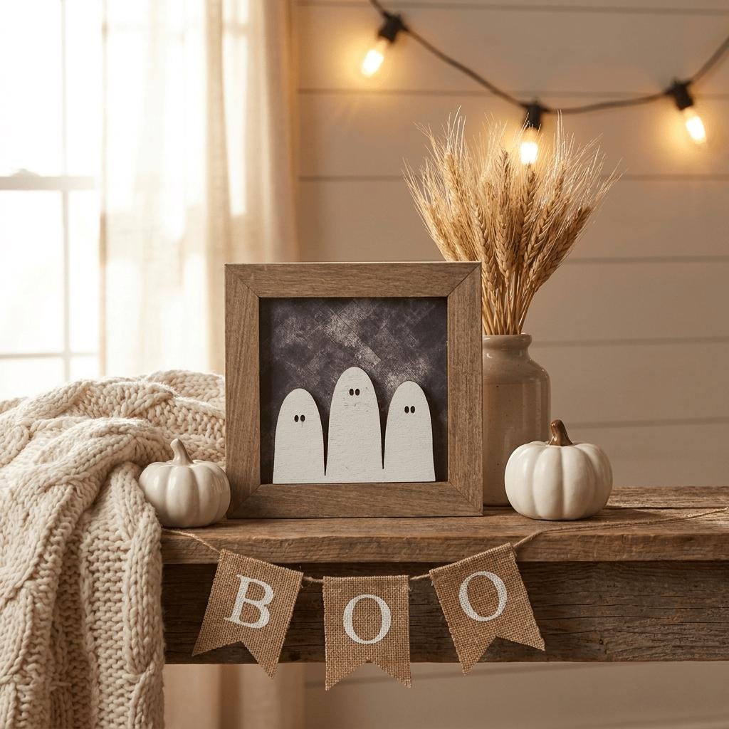 a Halloween-themed display with a framed picture of three ghostly figures, a vase of wheat stalks, and a small white pumpkin. The display is set against a backdrop of string lights and a cozy, rustic wooden table.