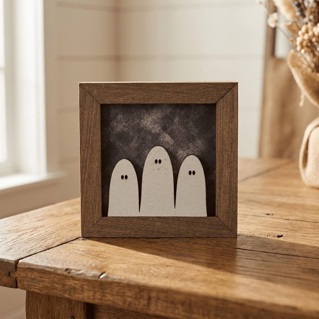 A wooden picture frame containing three white paper ghost figures is placed on a wooden table.