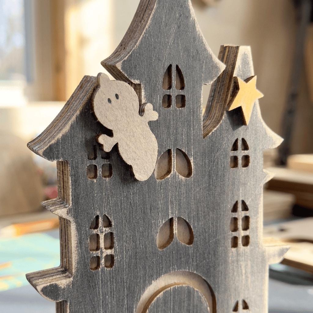 A wooden cutout of a house with a ghost figure on top, placed on a table.