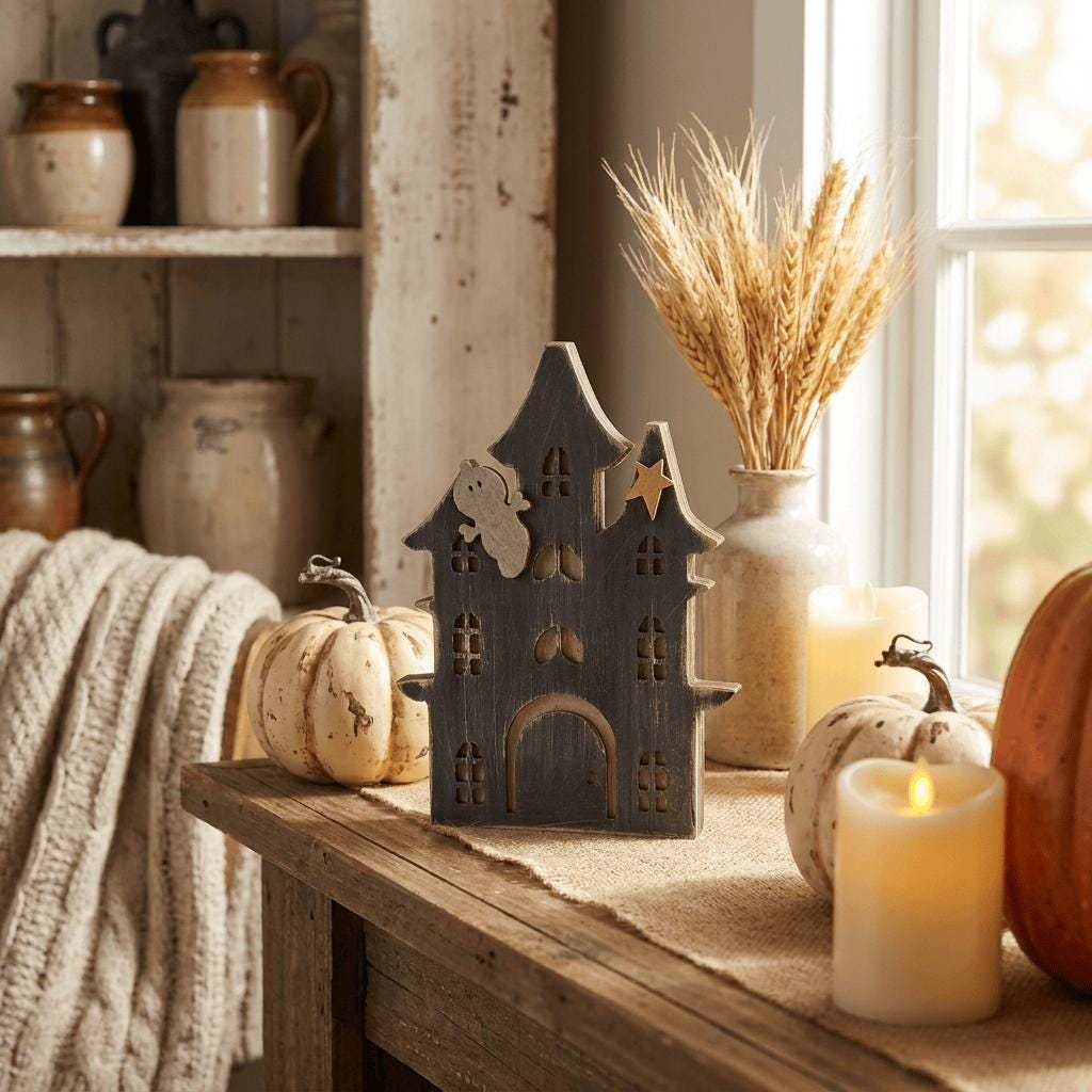 a rustic wooden table with a carved wooden house-shaped ornament, a vase of wheat stalks, and a lit candle, creating a cozy and autumnal atmosphere.